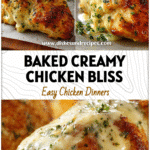 Golden baked chicken breast topped with cream cheese sauce and herbs on a dinner table.